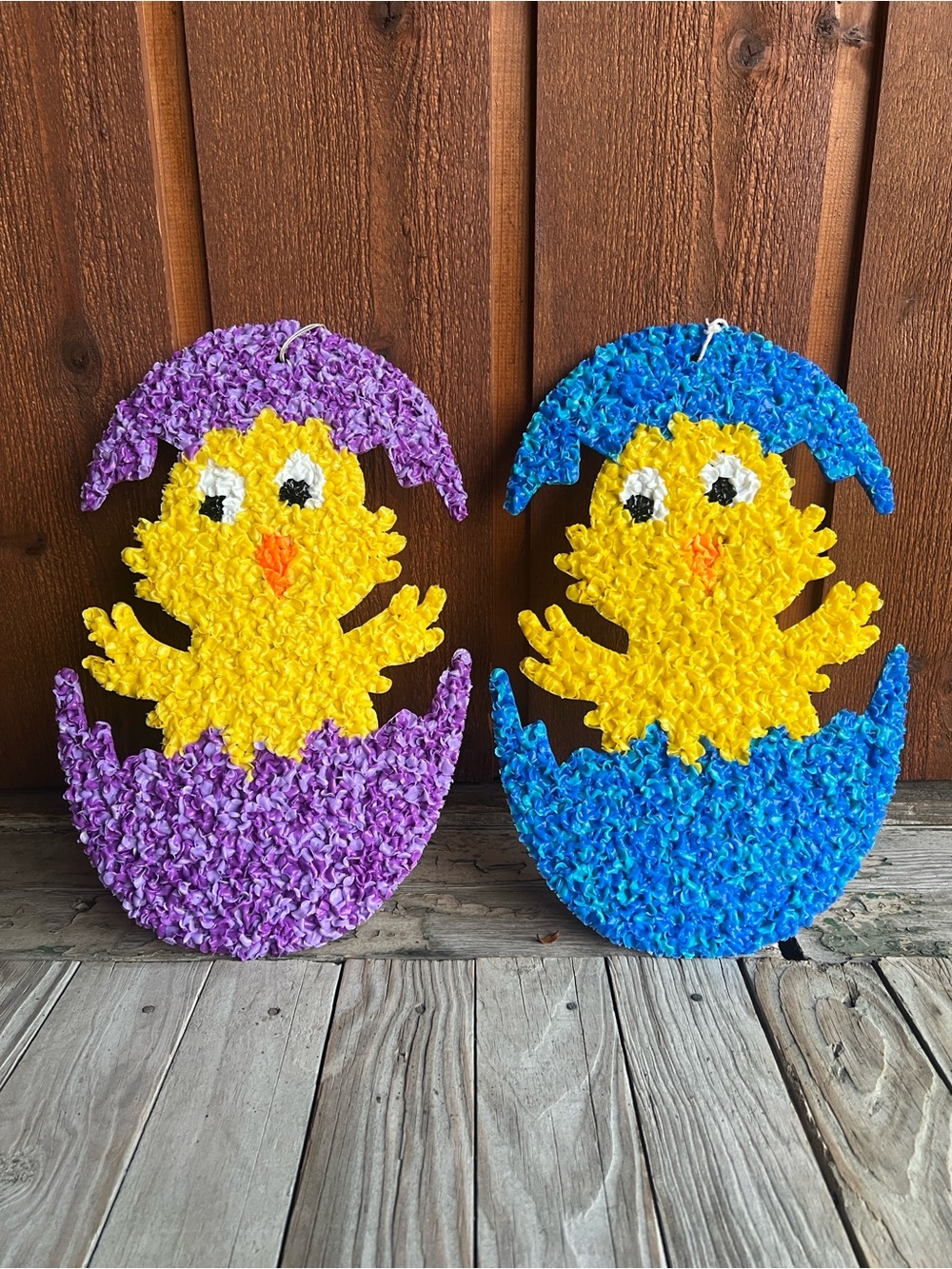 Vintage Easter Melted Plastic Popcorn Chick Egg Wall Decor Pair Retro